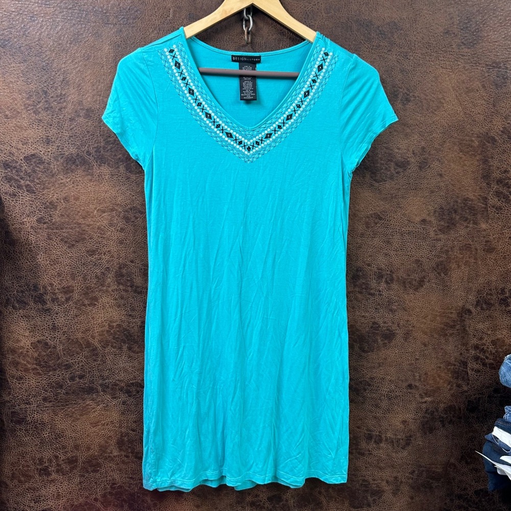 Design History Missy Medium Turquoise Embroidered‎  Aztec Western Boho Dress